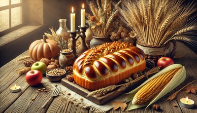A photo-realistic depiction of traditional Lammas bread and a harvest altar. The image features a beautifully crafted Lammas loaf, shaped like a sheaf of wheat, placed on an altar decorated with seasonal harvest items such as wheat stalks, corn, apples, and autumn leaves. The background includes a rustic wooden table with candles and small decorative items symbolizing abundance and gratitude, creating a warm and inviting atmosphere.